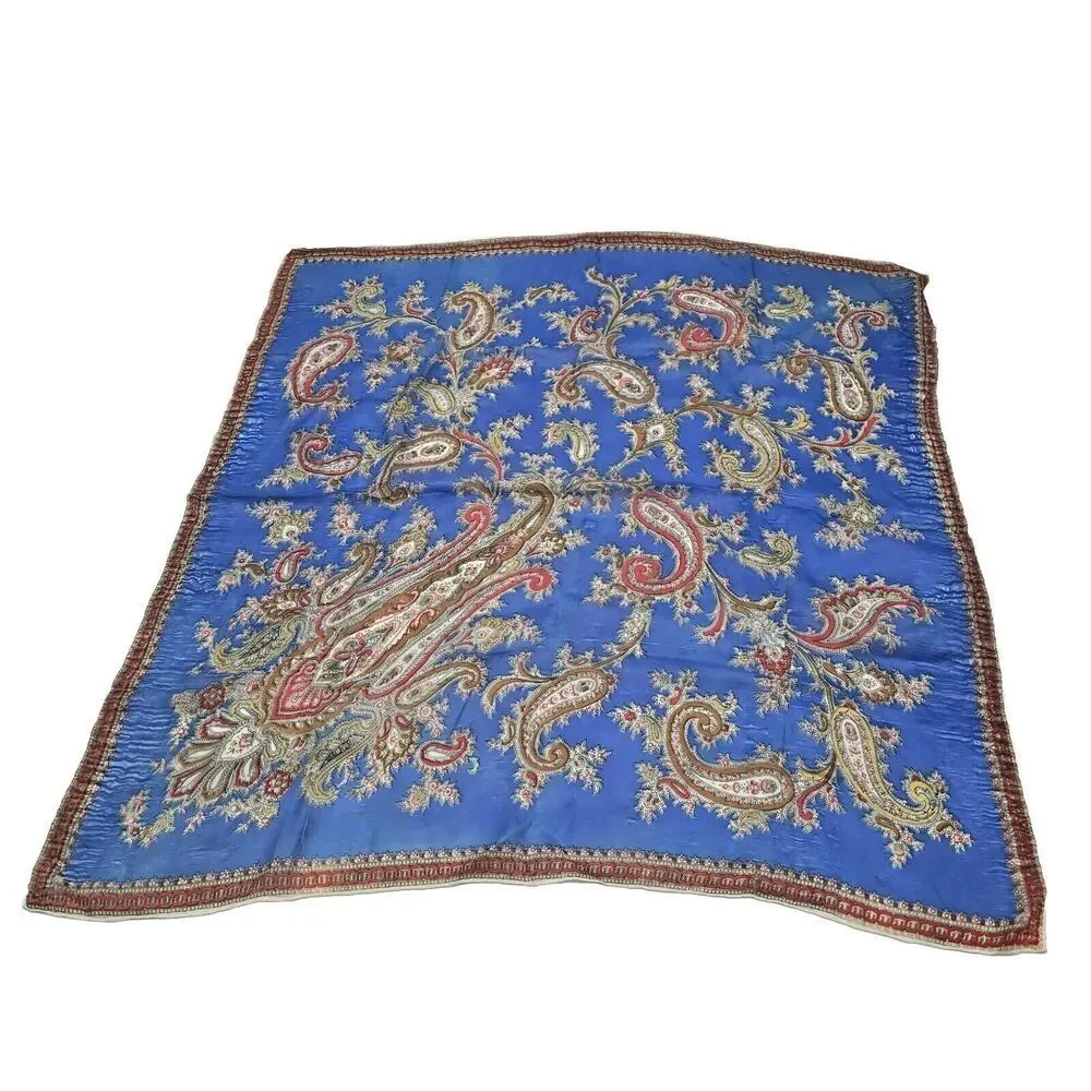 Vintage Silk Scarf Royal Blue Paisley Square Neck Tie Bandana Tapestry Hanging